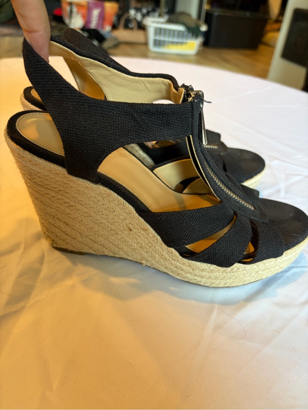 Michael Kors Black Espadrille Wedge Sandals with Front Zip